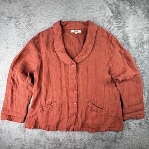 FLAX Shacket Womens M 100% Linen Button Up Shirt Lagenlook Flannel Jacket Rust